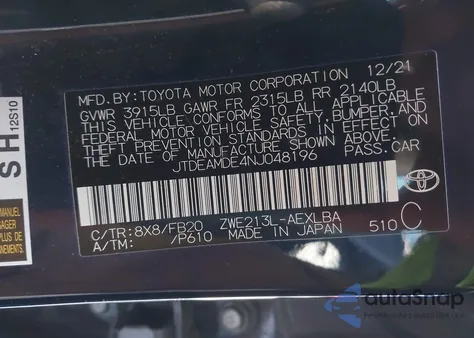 2022 Toyota Corolla Hybrid Le z USA, uszkodzony, nr VIN JTDEAMDE4NJ048196